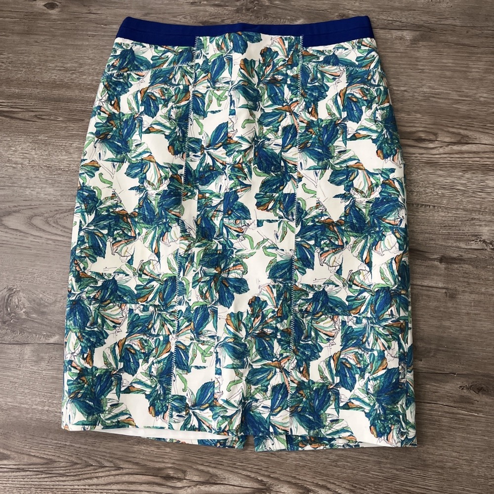 Club Monaco Floral Print Pencil Skirt Women 4 Blue Green Slim Fit Knee Length